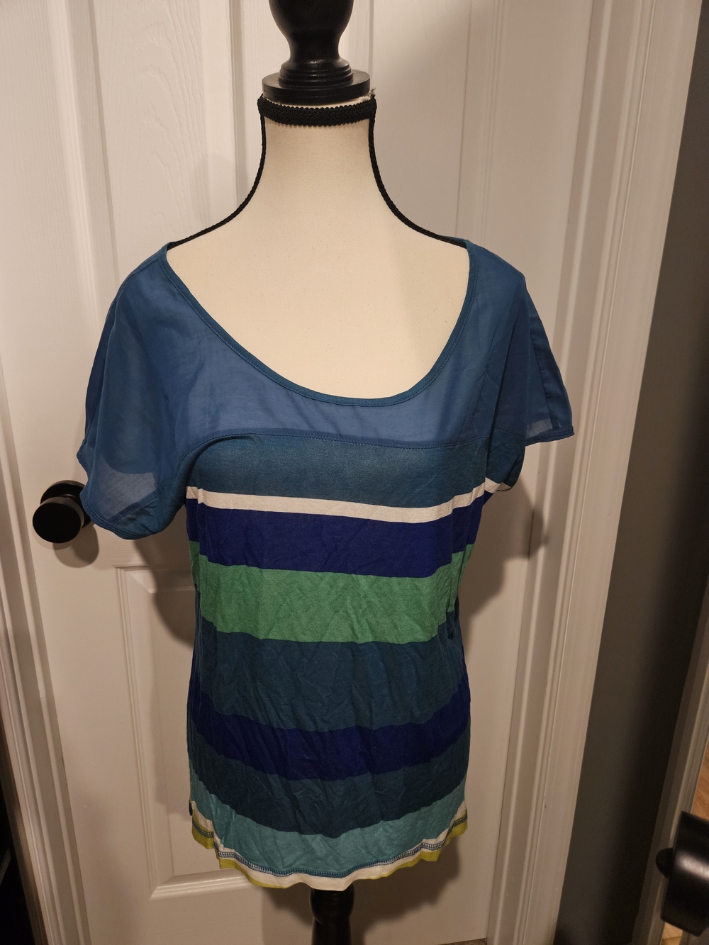 a.n.a Blue and Green Striped Scoop-Neck Short Sleeve Top